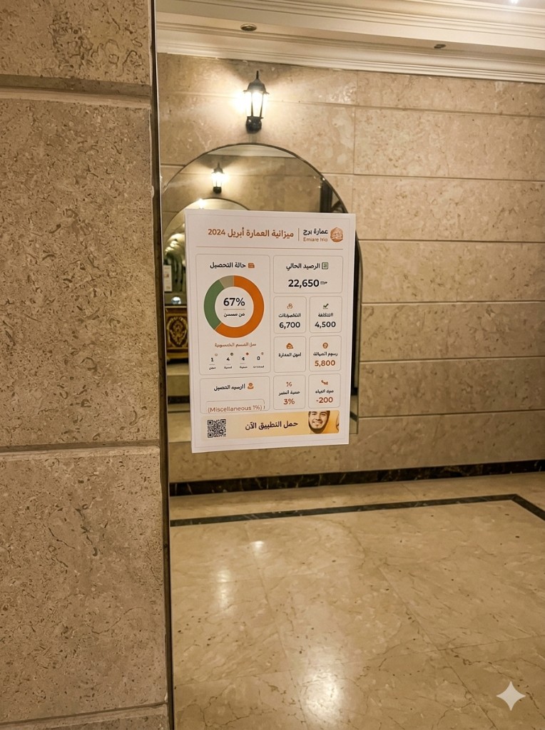 تقرير مطبوع على مرآة في لوبي رخامي